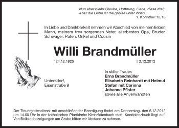 Traueranzeige von Willi Brandmüller von Pegnitz-Zeitung